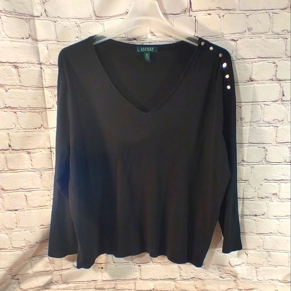 Lauren Ralph Lauren V Neck Black Tunic Shoulder Buttons 3X Longsleeve Top - Picture 1 of 13